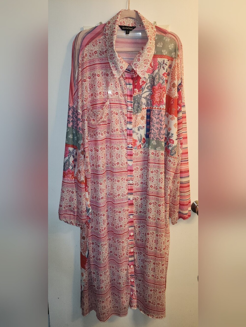 Davi & Dani Pink Striped Floral Print Mesh Buttoned Long Duster Kimono